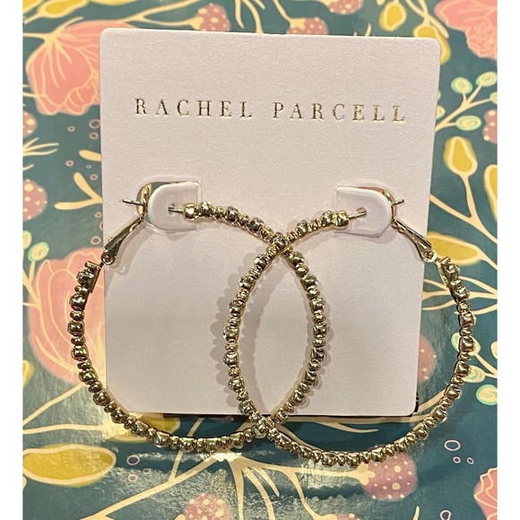 Rachel Parcell Gold Tone Large Hoop Crystal Embellished Earrings NWT - Picture 2 of 4